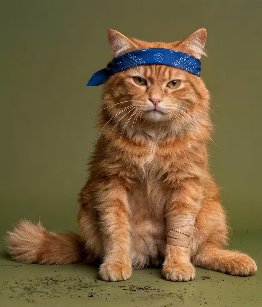 Gray cat wearing a bandana sitting on a gray background