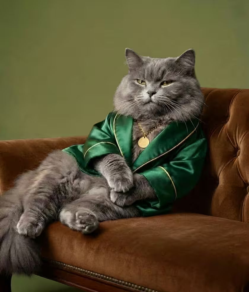 Gray cat lounging in a green robe on a brown chair