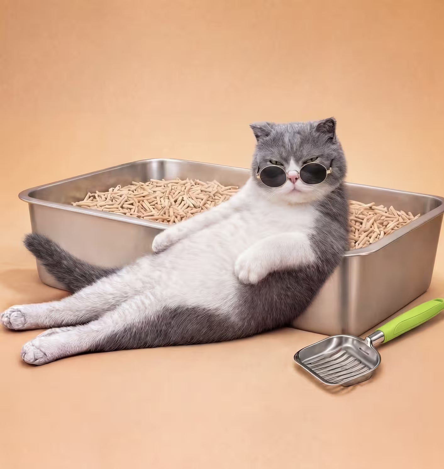 Gray cat wearing sunglasses lounges beside a litter box filled with pellet litter